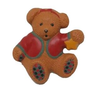Hallmark Vintage Christmas Pin Bear HMK CDS Red Green Plastic Brooch Holiday